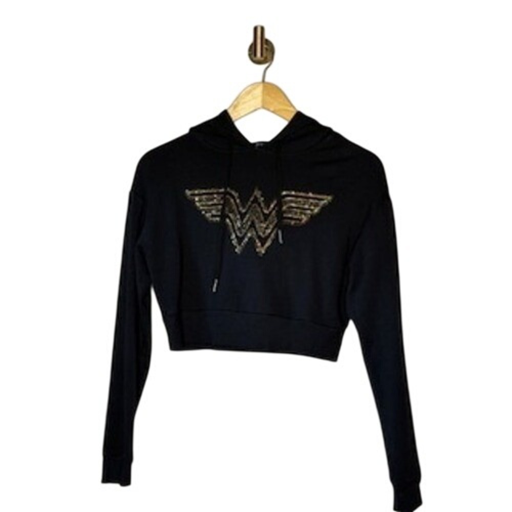 EleVen by Venus‎ Williams Wonder Woman Cropped Hoodie Womens Black Metallic Logo